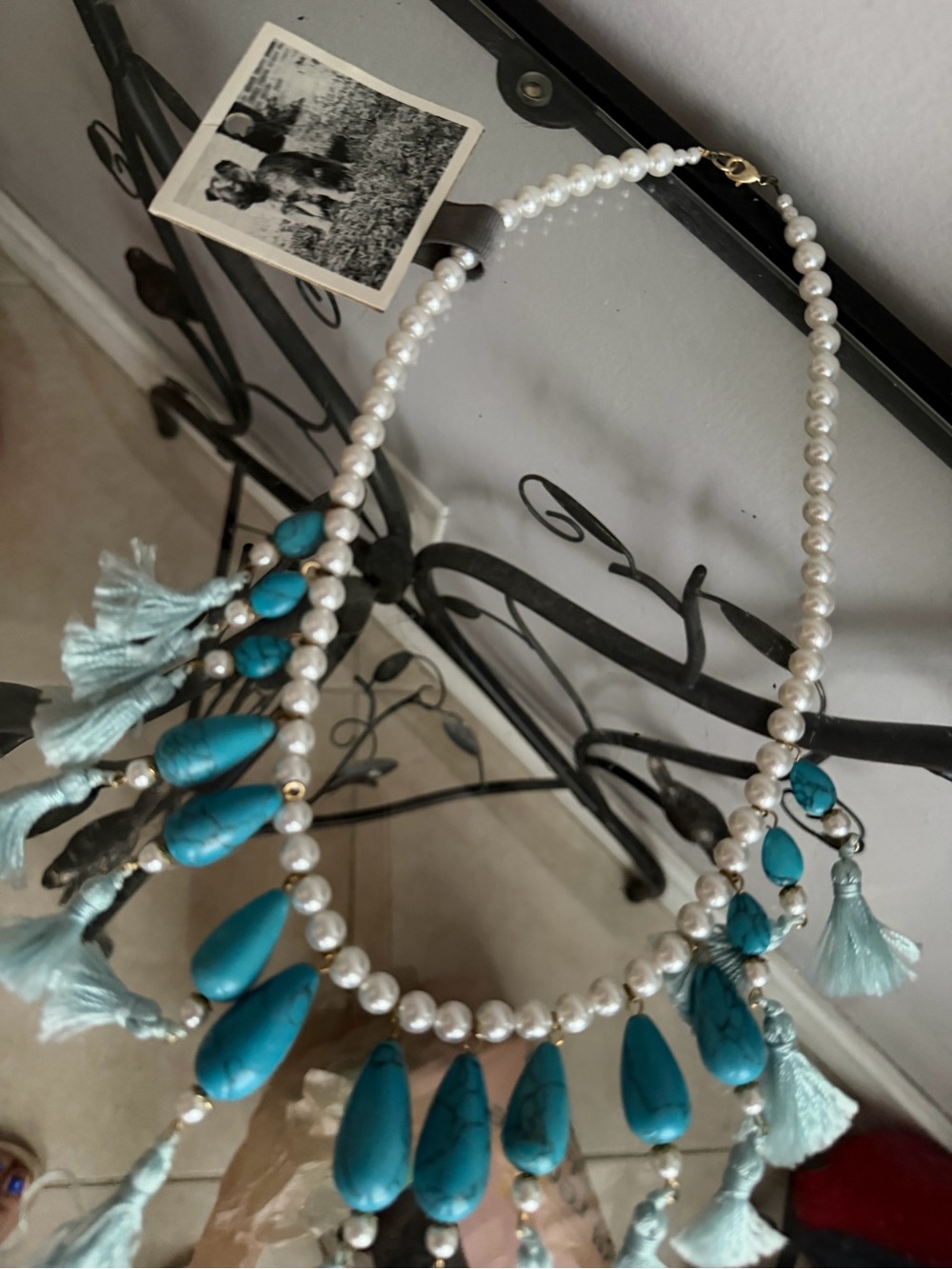 Anthropologie Pearl Necklace with Turquoise Teardrops and Tassels - Blue